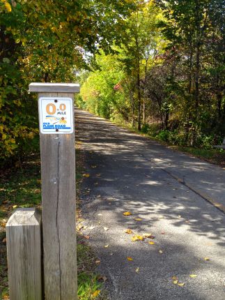 Mile 0.0 marker on the Old Plank Road Trail