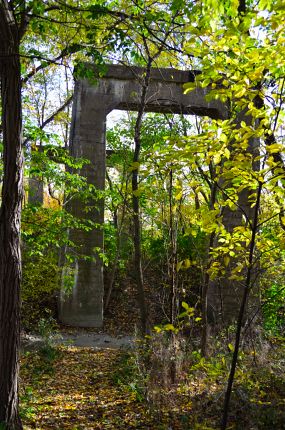 Ghost Bridge pillars as seen through the trees