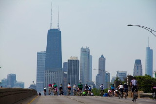 Chicago Hancock Building and skyline on Bike The Drive
