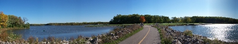 A wide (stitched) view of one of the Busse Woods bike trail bridges.