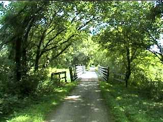 Approaching a wooden bridge on Elroy Sparta Bike Trail